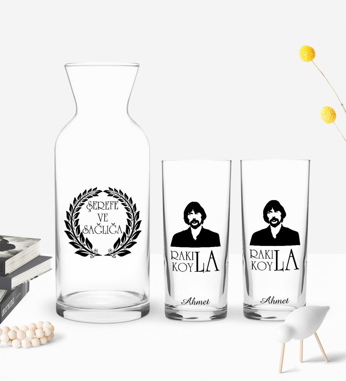 Kişiye Özel Renkli Baskılı Rakı Koy La Tasarımlı İkili Rakı Bardağı ve Karaf Hediye Seti-1