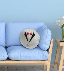 Kişiye Özel İsimli Damat Tasarımlı Yuvarlak Dekoratif Kırlent Yastık-1