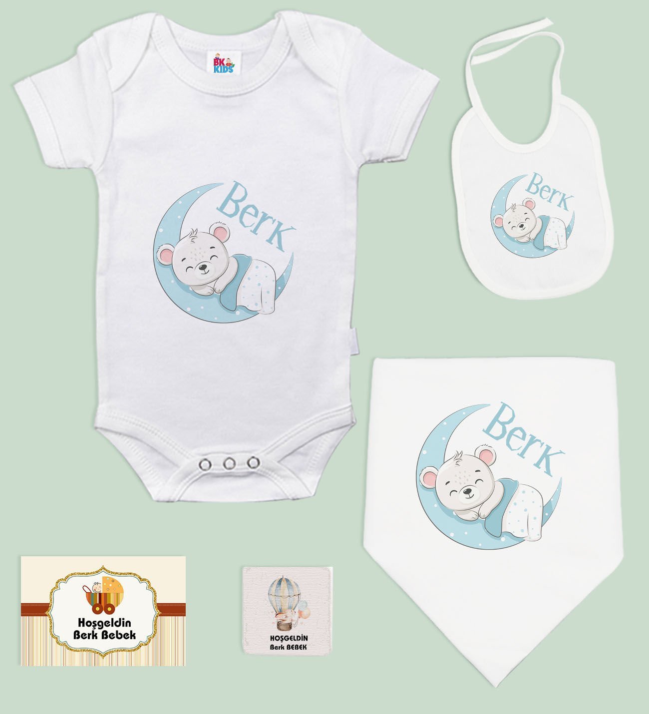 BK Kids Kişiye Özel İsimli 5 Parça Beyaz Bebek Body Zıbın ve Battaniye Hediye Seti, Yeni Doğan Bebek Giyim Hediyesi-6