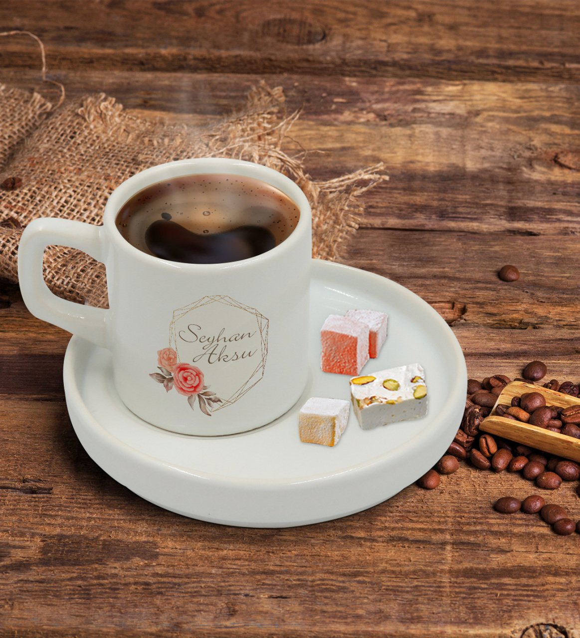 Kişiye Özel Sunum Tabaklı Çiçek Tasarımlı Türk Kahvesi Fincanı Model 21