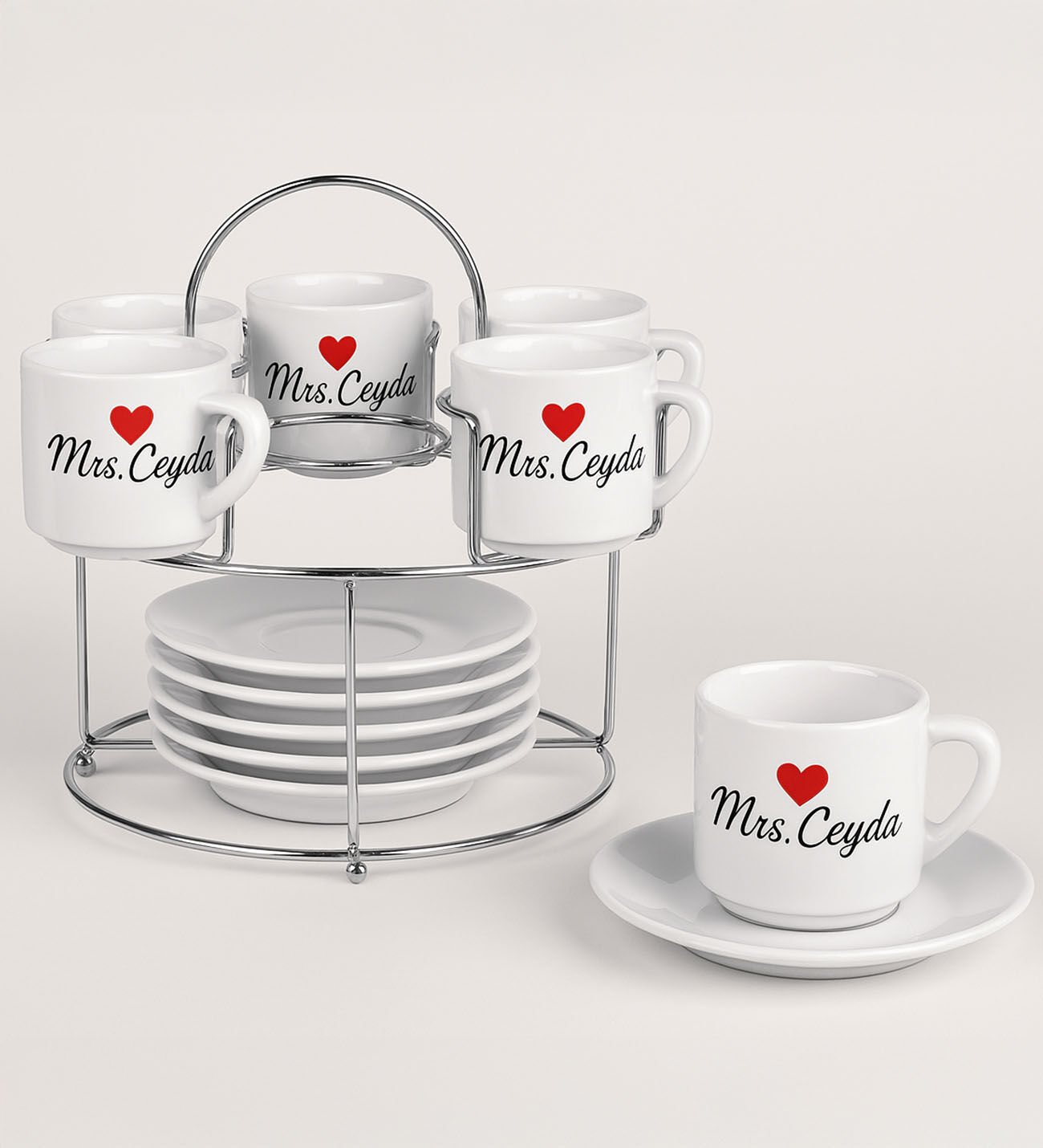 BK Gift Kişiye Özel İsimli 6'lı Metal Standlı Türk Kahvesi Fincanı-1, Anneye Hediye, Anneler Günü Hediyesi