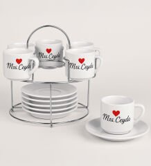 BK Gift Kişiye Özel İsimli 6'lı Metal Standlı Türk Kahvesi Fincanı-1, Anneye Hediye, Anneler Günü Hediyesi