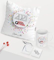 BK Gift Kişiye Özel 2023 Sana Mutluluk Getirsin Temalı Beyaz Kupa Ayna Yastık Seti