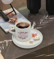 Kişiye Özel Sunum Tabaklı Çiçek Tasarımlı Türk Kahvesi Fincanı Model 22
