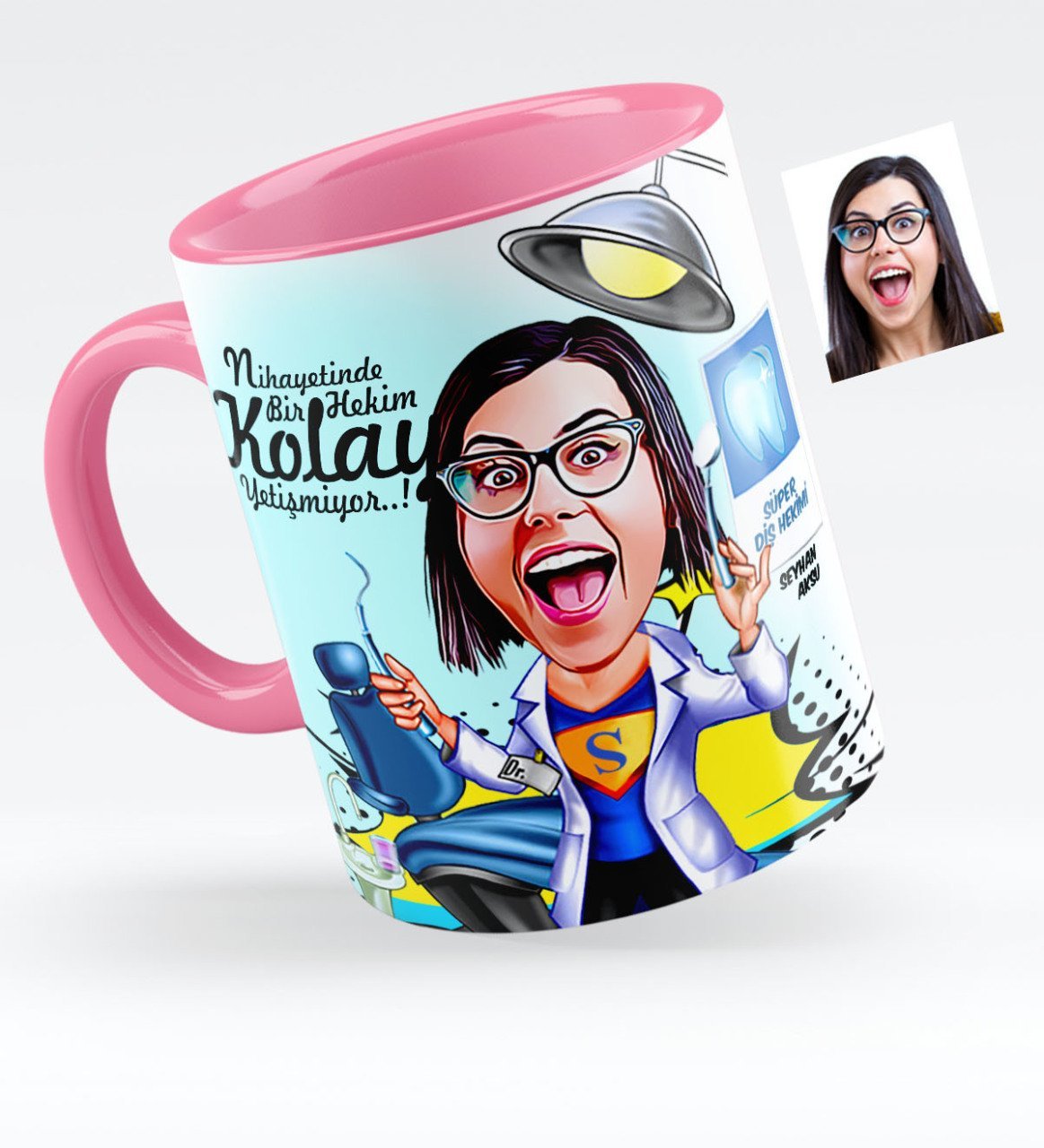Kişiye Özel Bayan Diş Hekimi Karikatürlü Pembe Kupa Bardak - 1