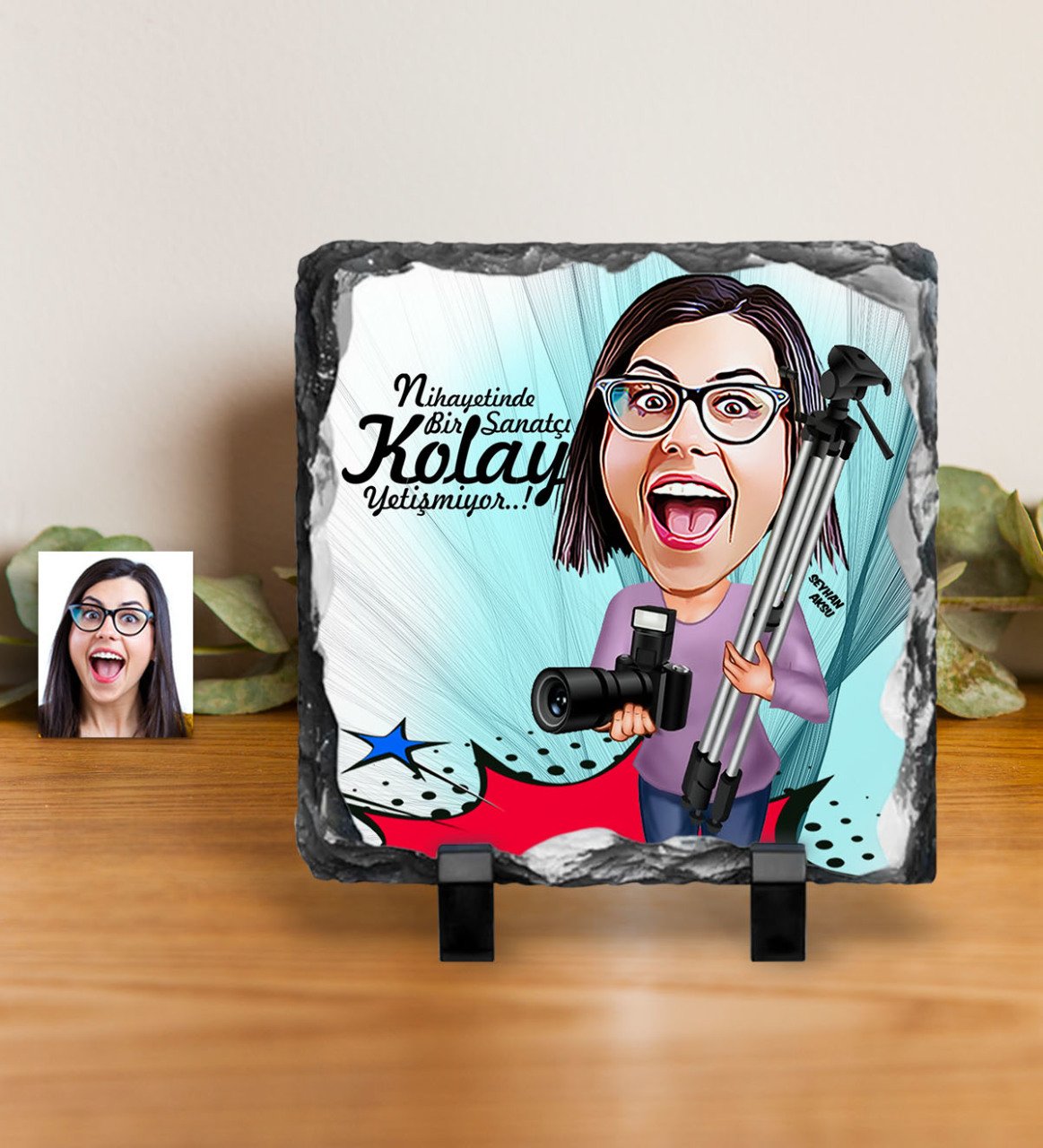 Kişiye Özel Bayan Fotoğraf Sanatçısı Karikatürlü Dekoratif Doğal Taş - 1