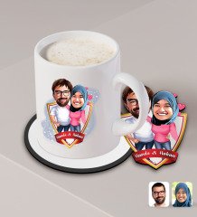 Kişiye Özel Sevgililer Karikatürlü Beyaz Kupa ve Ahşap Bardak Altlığı Hediye Seti-58