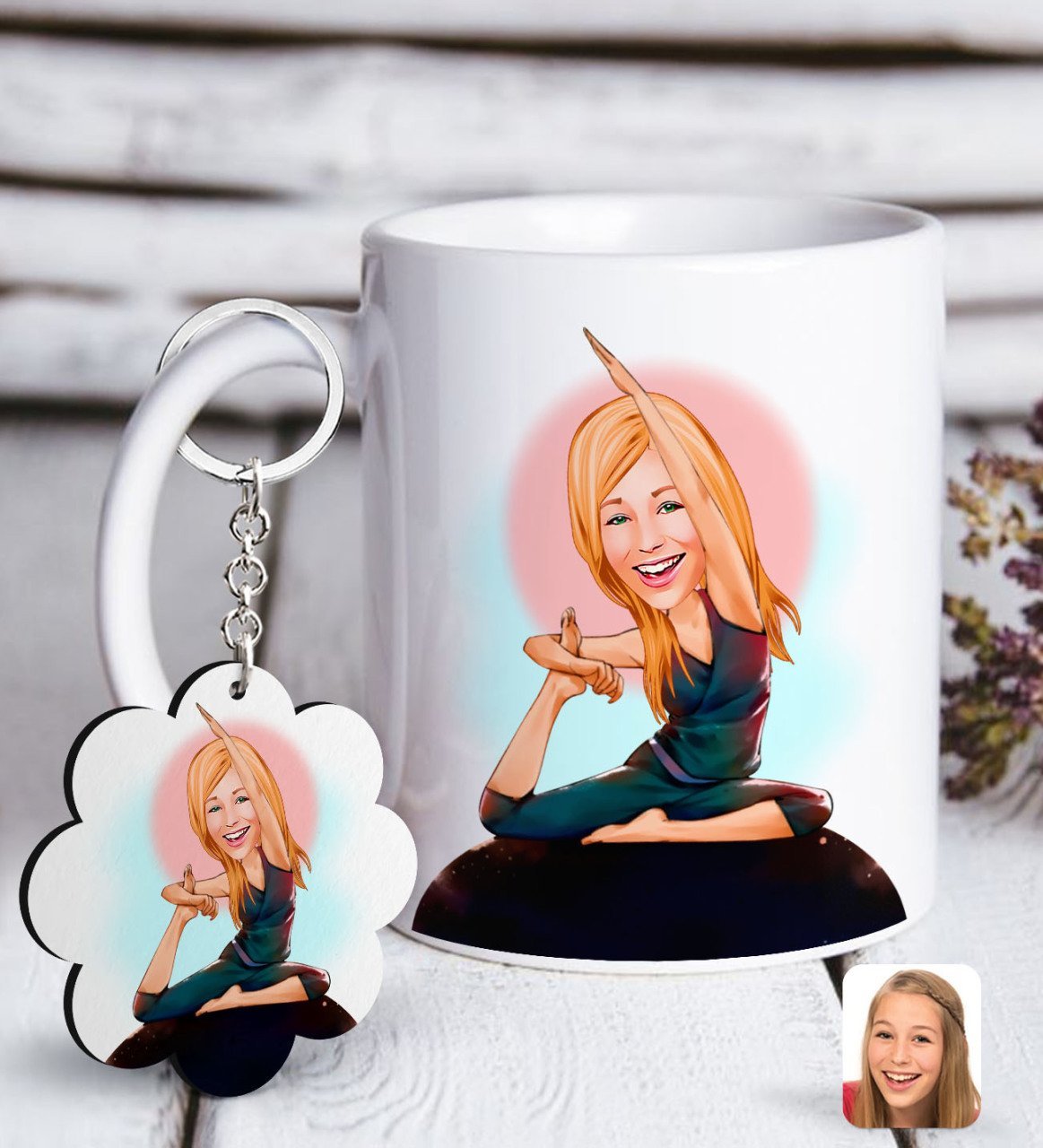 Kişiye Özel Bayan Yoga Karikatürlü Beyaz Kupa ve Anahtarlık Hediye Seti-2