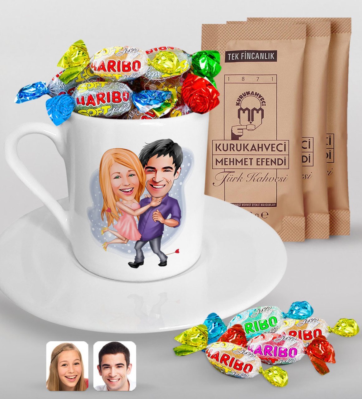 Kişiye Özel Sevgililer Karikatürlü Türk Kahvesi Fincanı Mehmet Efendi Kahve ve Haribo Şeker Hediye Seti-3