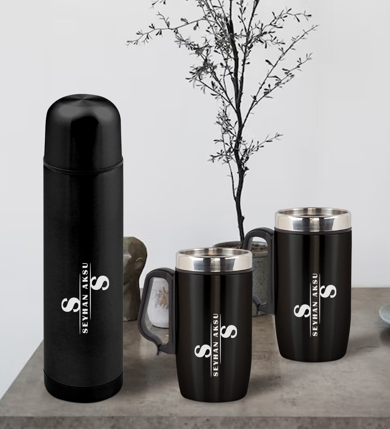 BK Gift Kişiye Özel Deri Çantalı Siyah Seyahat Termosu ve İkili Termos Mug Hediye Seti -6