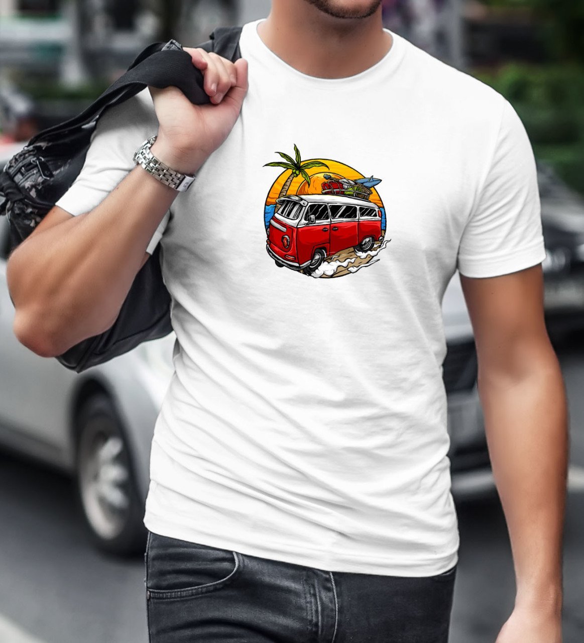 BK Gift Klasik Araç Tasarımlı Beyaz T-Shirt-1