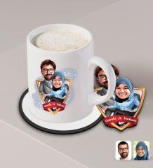 Kişiye Özel Sevgililer Karikatürlü Beyaz Kupa ve Ahşap Bardak Altlığı Hediye Seti-59