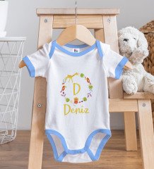 BK Kids Kişiye Özel Harfli İsimli Mavi Bebek Body Zıbın ve Mama Önlüğü Hediye Seti