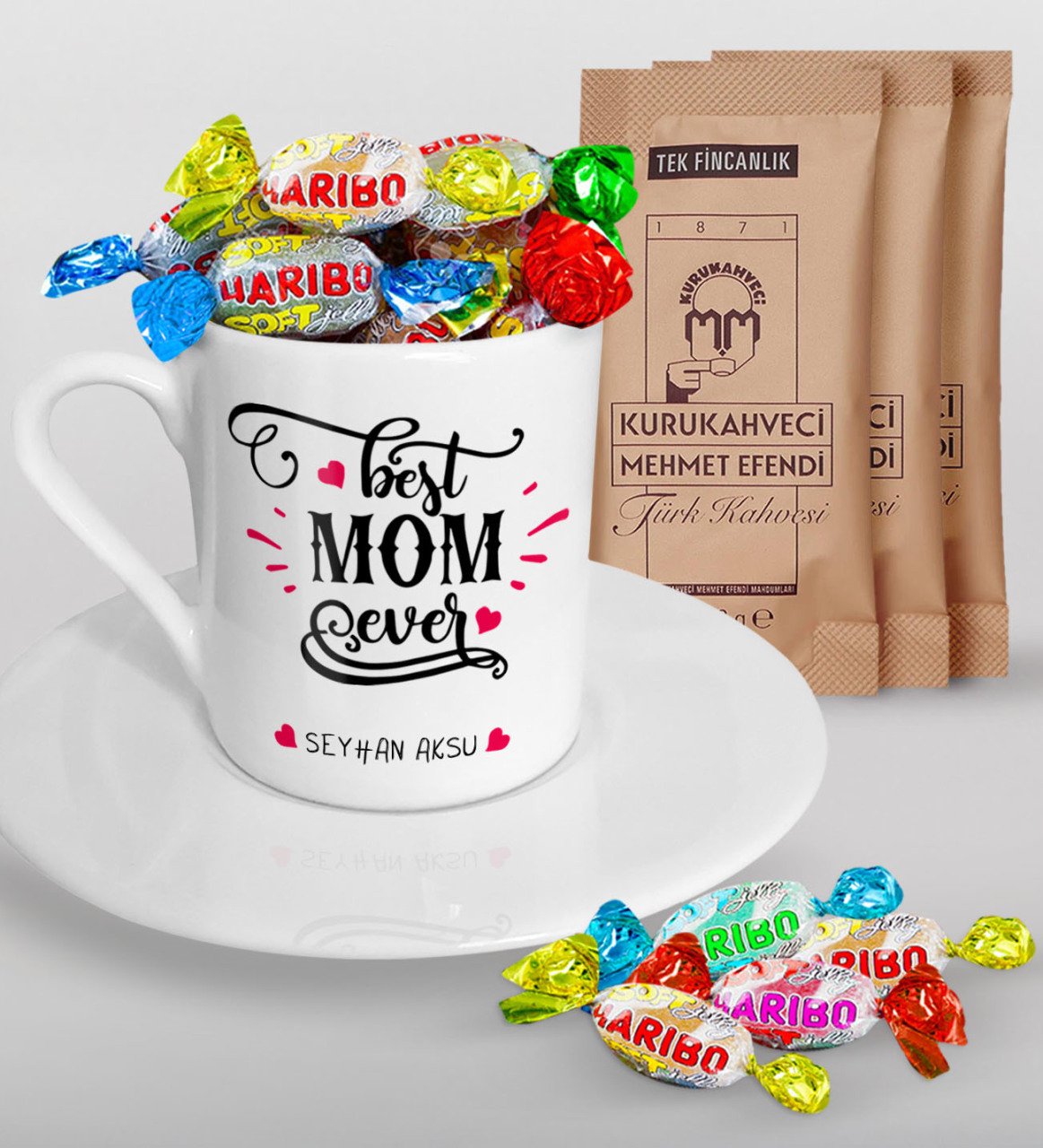 Kişiye Özel En İyi Anne Tasarımlı Türk Kahvesi Fincanı Mehmet Efendi Kahve ve Haribo Şeker Hediye Seti-4