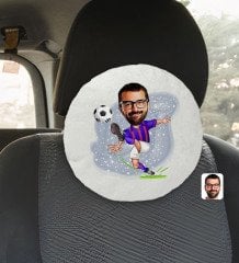 Kişiye Özel Erkek Bordo Mavi Futbolcu Karikatürlü Yuvarlak Araç Koltuk Yastığı-1