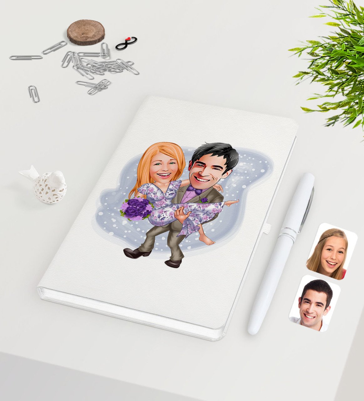 Kişiye Özel Sevgililer Karikatürlü Beyaz Defter Kalem Seti-56