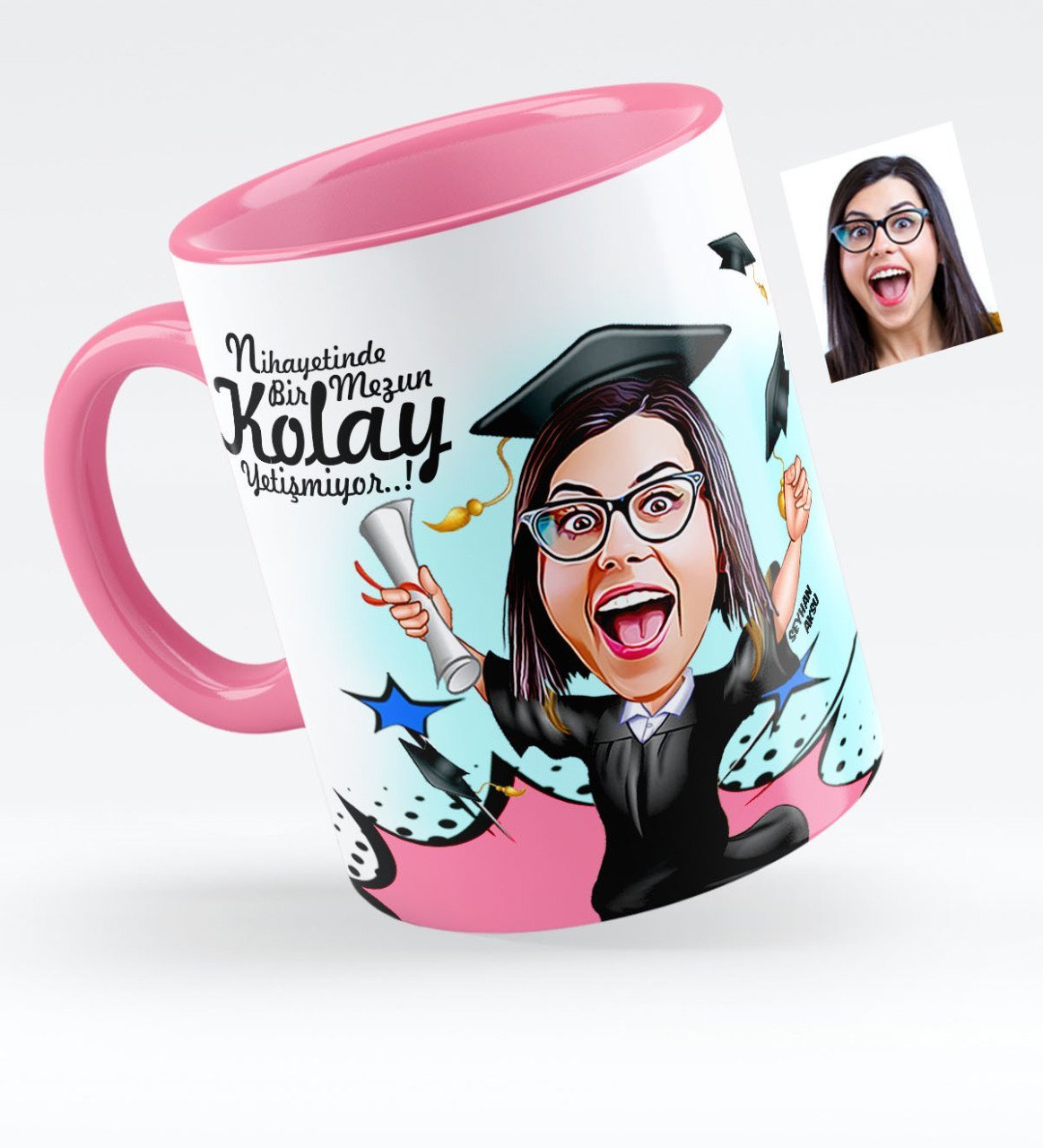 Kişiye Özel Bayan Mezun Karikatürlü Pembe Kupa Bardak - 1