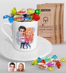 Kişiye Özel Sevgililer Karikatürlü Türk Kahvesi Fincanı Mehmet Efendi Kahve ve Haribo Şeker Hediye Seti-5