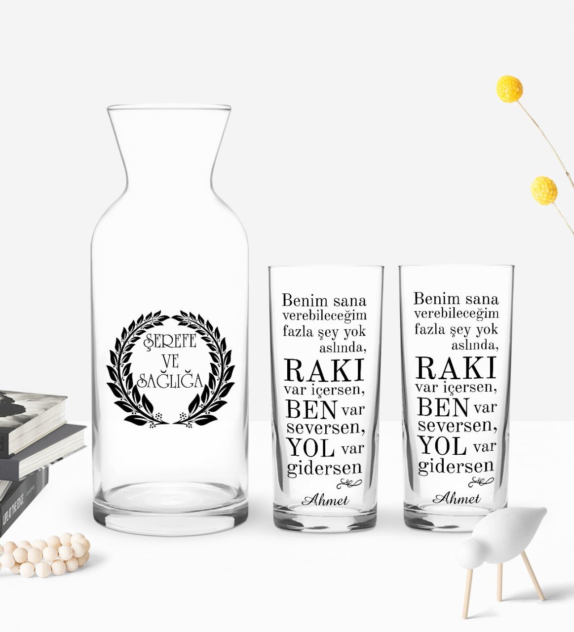 Kişiye Özel Renkli Baskılı Rakı Var İçersen Tasarımlı İkili Rakı Bardağı ve Karaf Hediye Seti-1