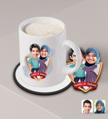Kişiye Özel Sevgililer Karikatürlü Beyaz Kupa ve Ahşap Bardak Altlığı Hediye Seti-61