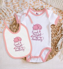 BK Kids Good Night My Darling Tasarımlı Pembe Bebek Body Zıbın ve Mama Önlüğü Hediye Seti-1