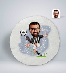 Kişiye Özel Erkek Siyah Beyaz Futbolcu Karikatürlü Yuvarlak Araç Koltuk Yastığı-1