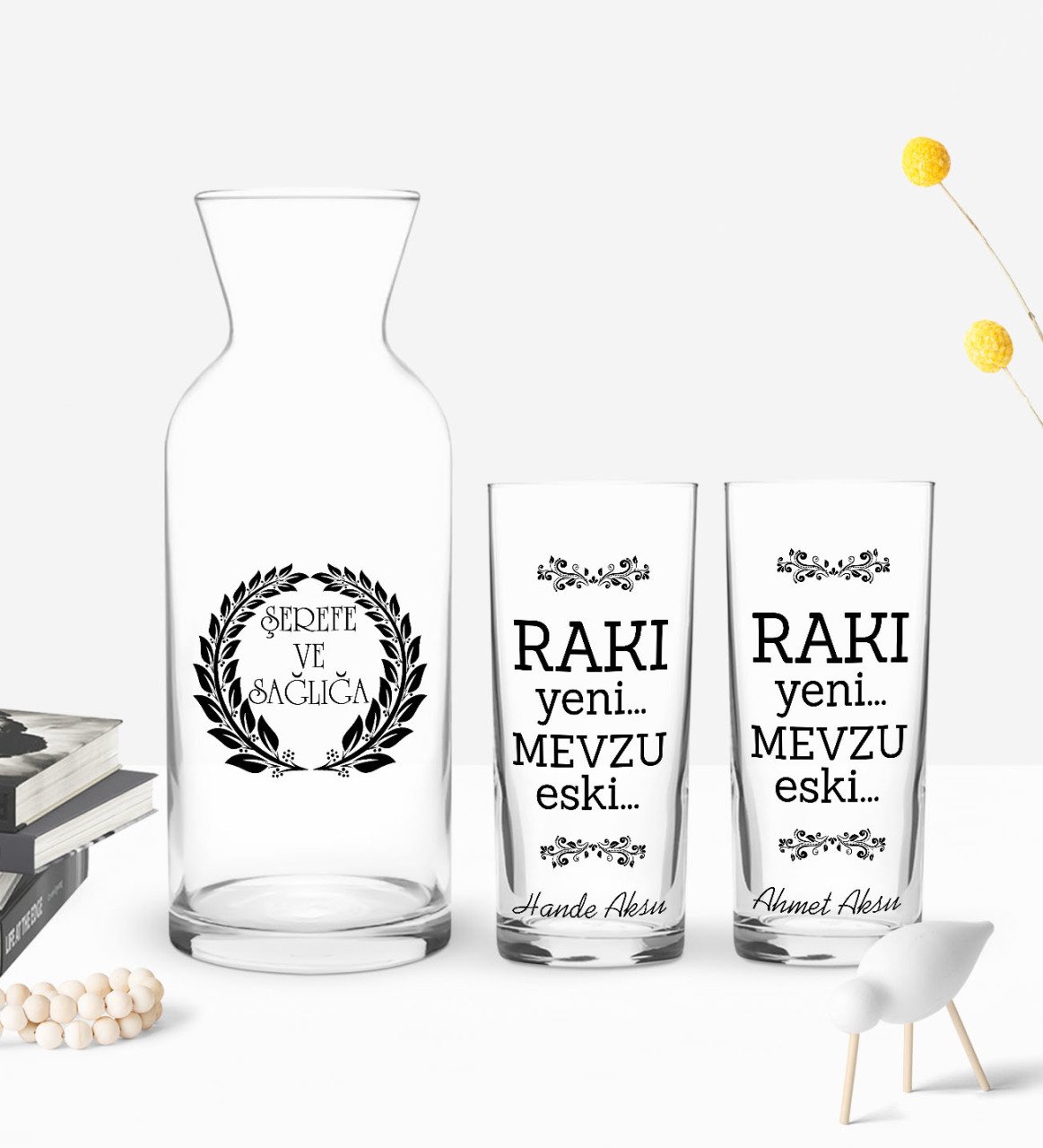 Kişiye Özel Renkli Baskılı Rakı Yeni Mevzu Eski Tasarımlı İkili Rakı Bardağı ve Karaf Hediye Seti-1