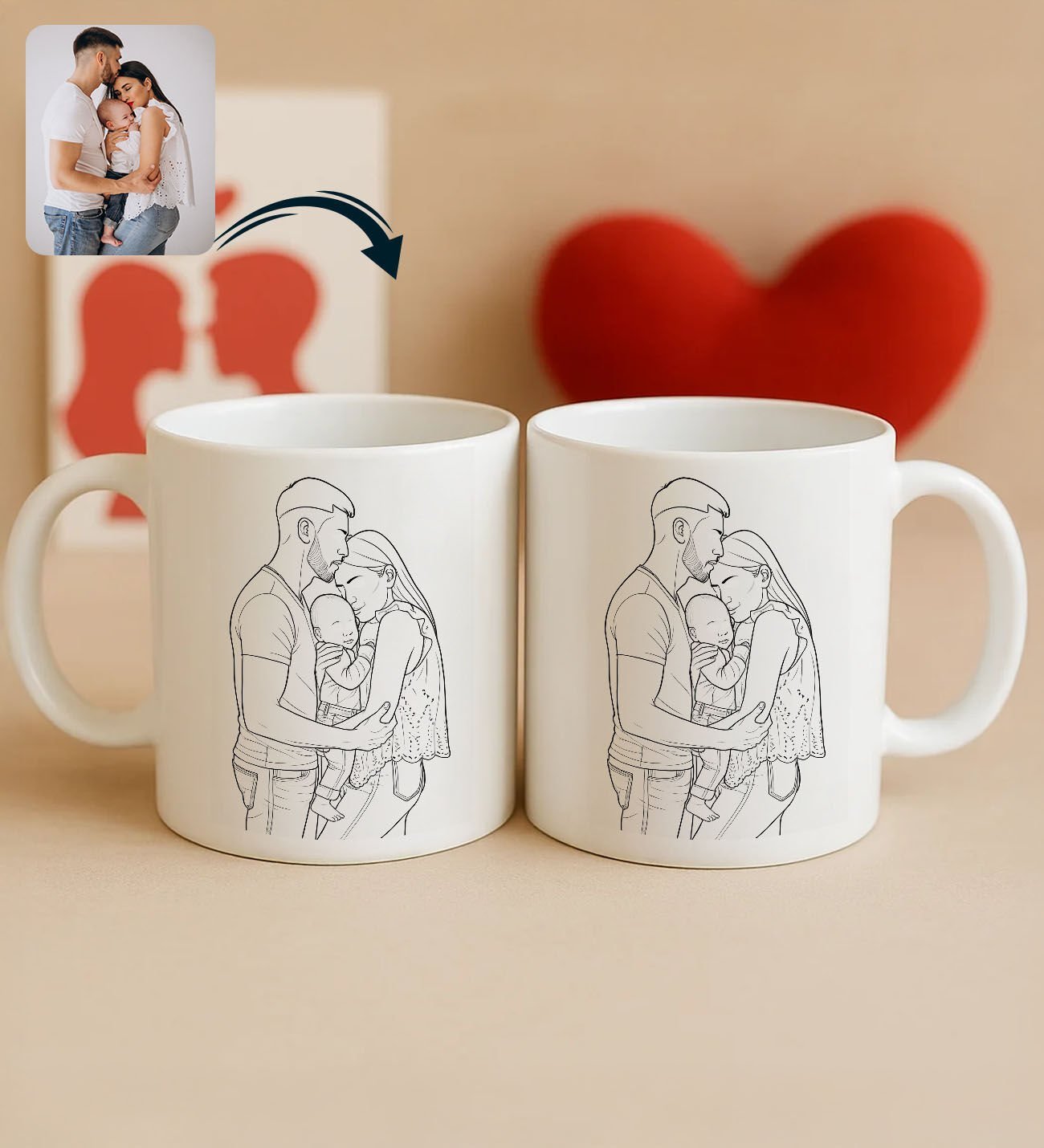 BK Gift Kişiye Özel Line Art Tasarımlı 2'li Beyaz Kupa Bardak-1, Arkadaşa Hediye, Sevgiliye Hediye, Eşe Hediye