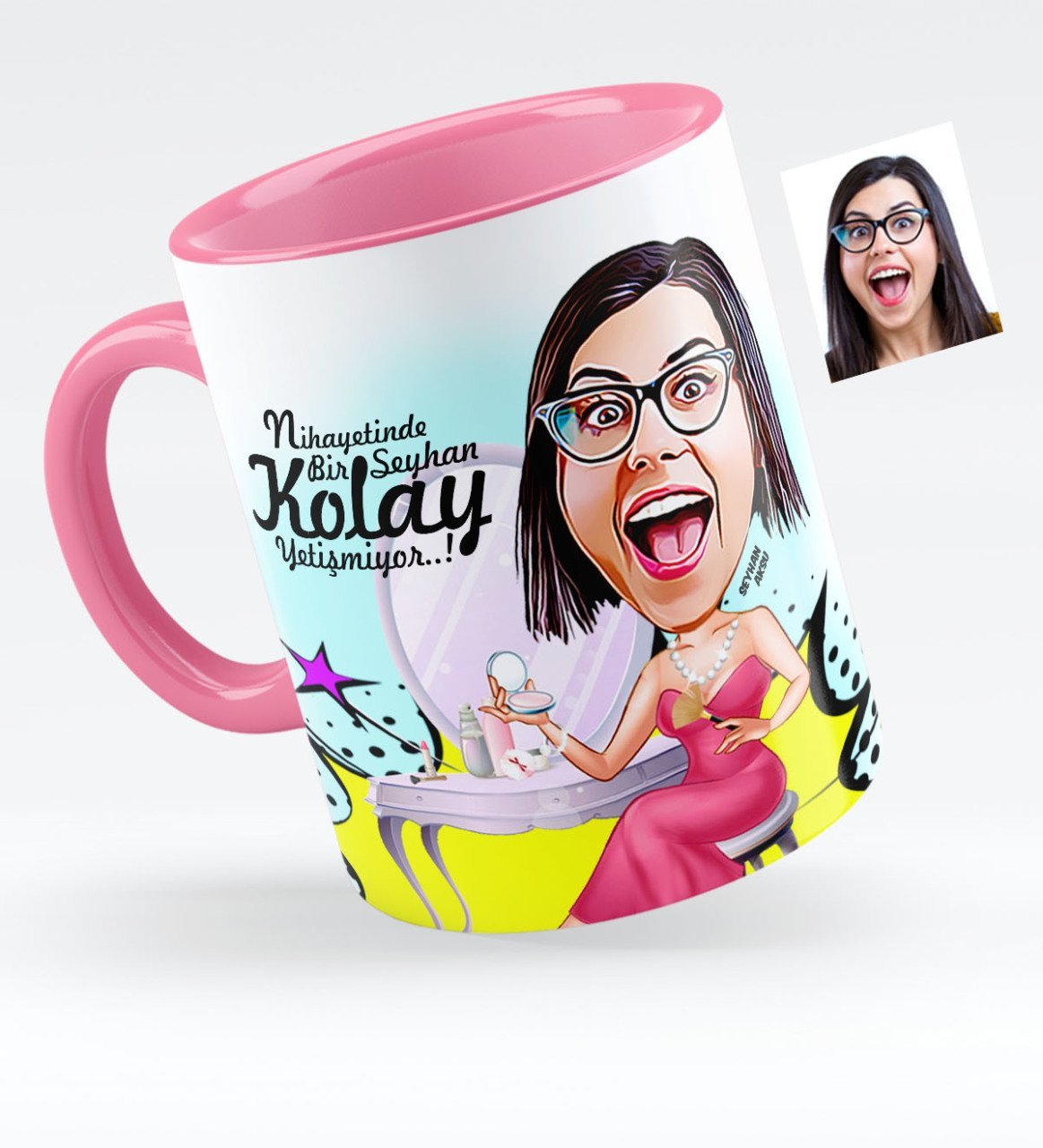 Kişiye Özel Bayan Süslü Karikatürlü Pembe Kupa Bardak - 1