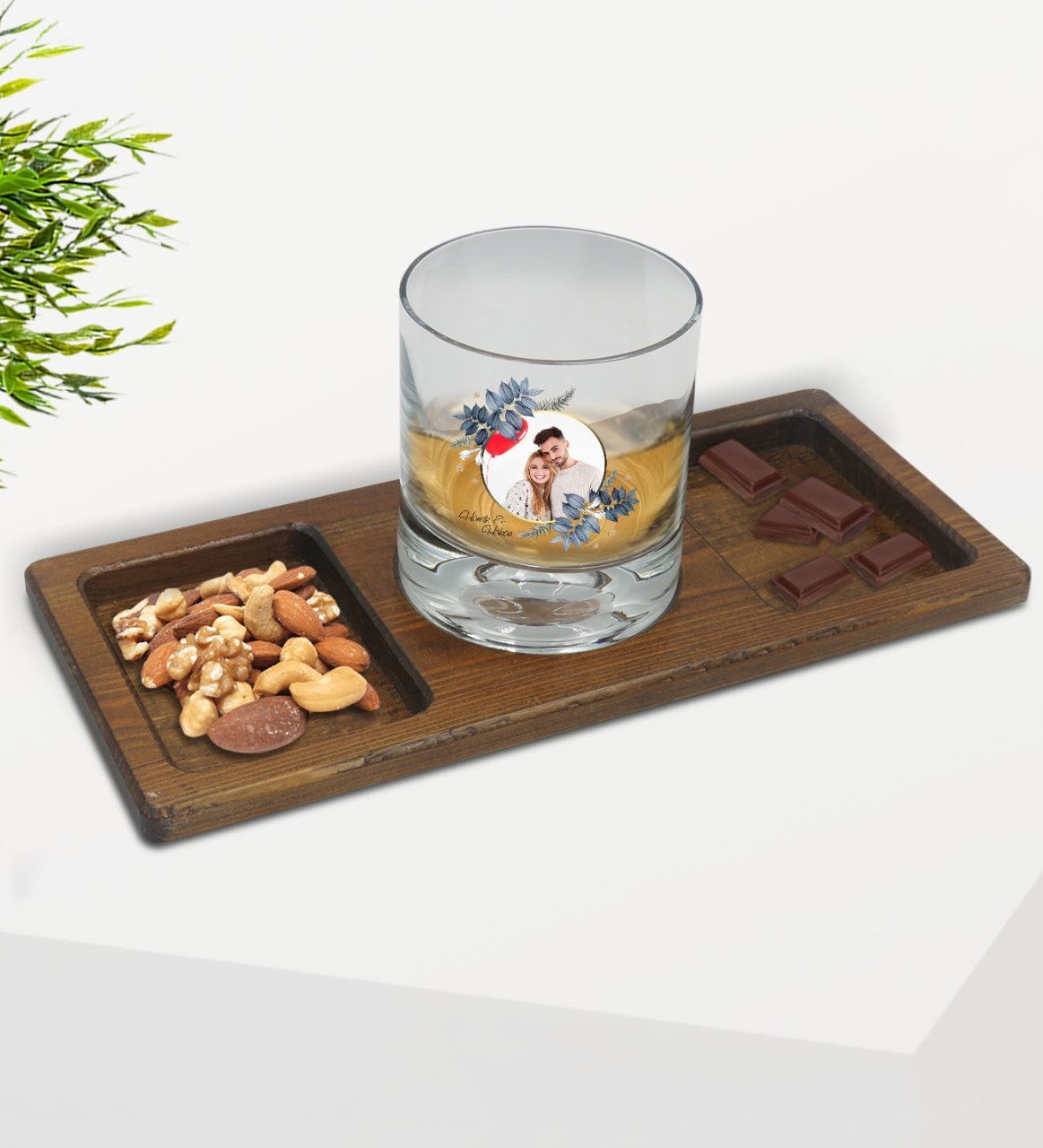 Kişiye Özel İsimli Fotoğraflı Viski Bardağı ve Doğal Masif Ahşap Dikdörtgen Sunum Tabağı Çerezlik Hediye Seti-34