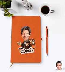 Kişiye Özel Erkek Avukat Karikatürlü Turuncu Termo Deri Defter Kalem Seti Model 2