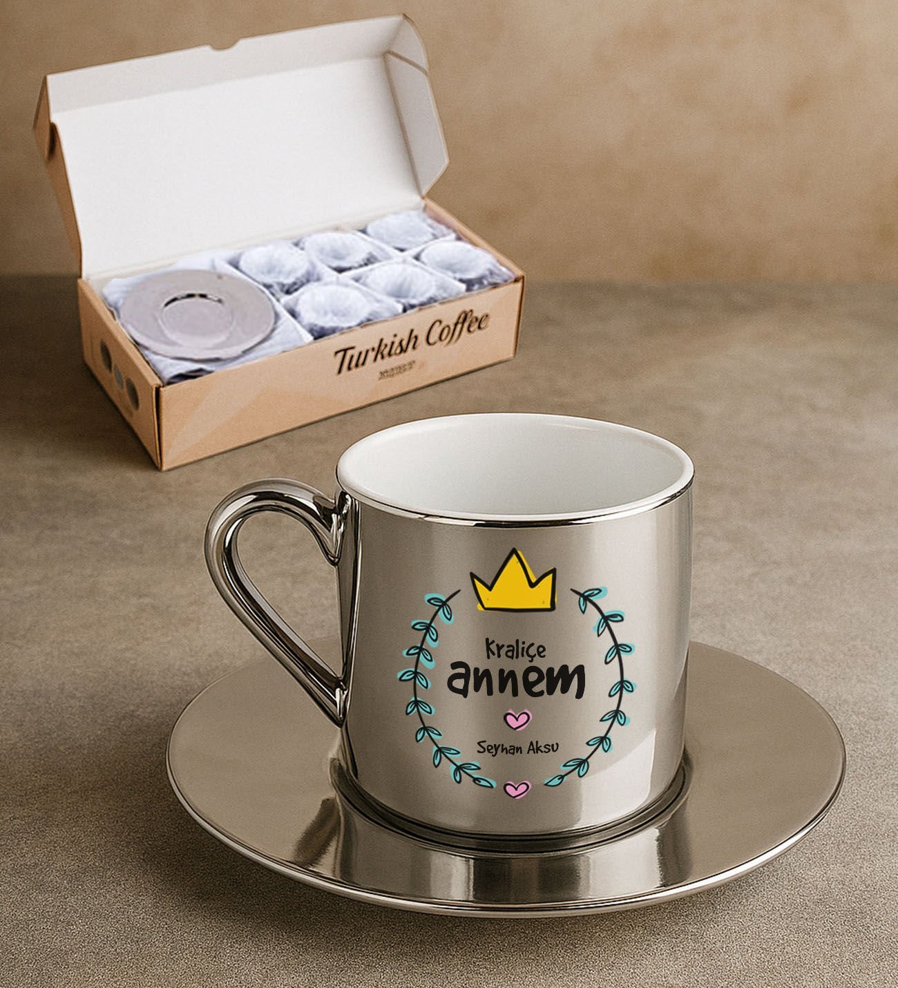 BK Gift Kişiye Özel Anneler Günü Tasarımlı Porselen Metalik Gümüş Kahve Fincanı 6 'lı Set-1, Anneye Hediye, Anneler Günü Hediyesi