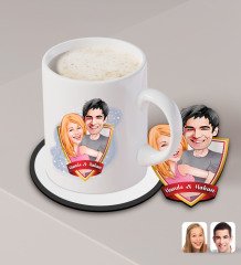 Kişiye Özel Sevgililer Karikatürlü Beyaz Kupa ve Ahşap Bardak Altlığı Hediye Seti-86