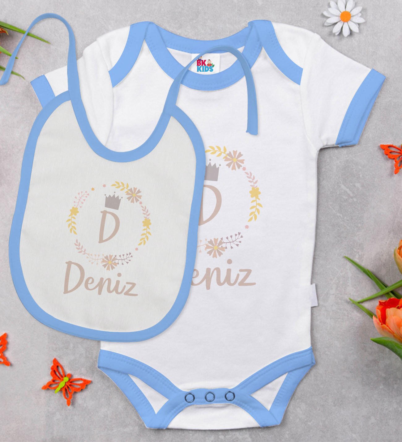 BK Kids Kişiye Özel Harfli İsimli Mavi Bebek Body Zıbın ve Mama Önlüğü Hediye Seti-2