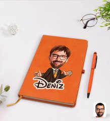Kişiye Özel Erkek Avukat Karikatürlü Turuncu Termo Deri Defter Kalem Seti Model 3