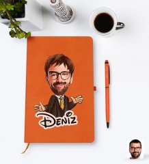 Kişiye Özel Erkek Avukat Karikatürlü Turuncu Termo Deri Defter Kalem Seti Model 3