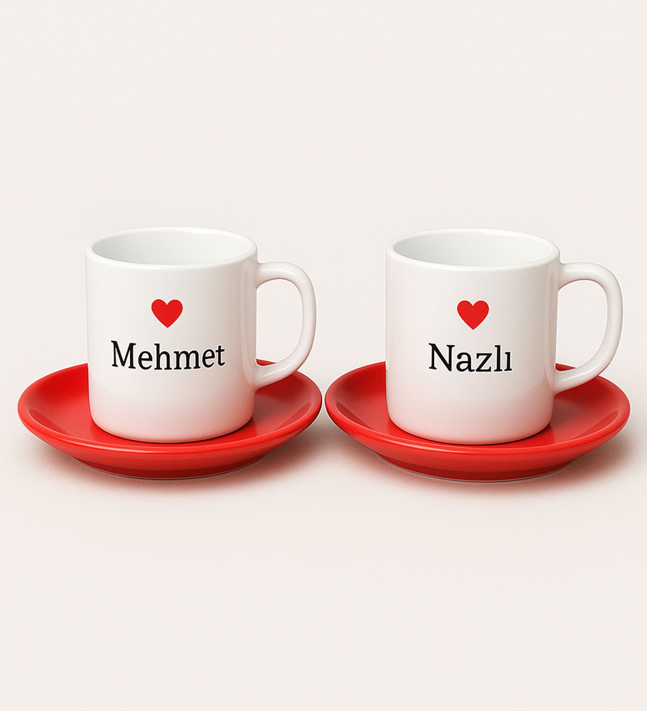 BK Gift Kişiye Özel İsimli Tasarımlı 2'li Kırmızı Tabaklı Türk Kahvesi Fincanı-1, Arkadaşa Hediye, Sevgiliye Hediye, Eşe Hediye