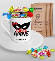 Kişiye Özel Süper Anne Tasarımlı Türk Kahvesi Fincanı Mehmet Efendi Kahve ve Haribo Şeker Hediye Seti-1