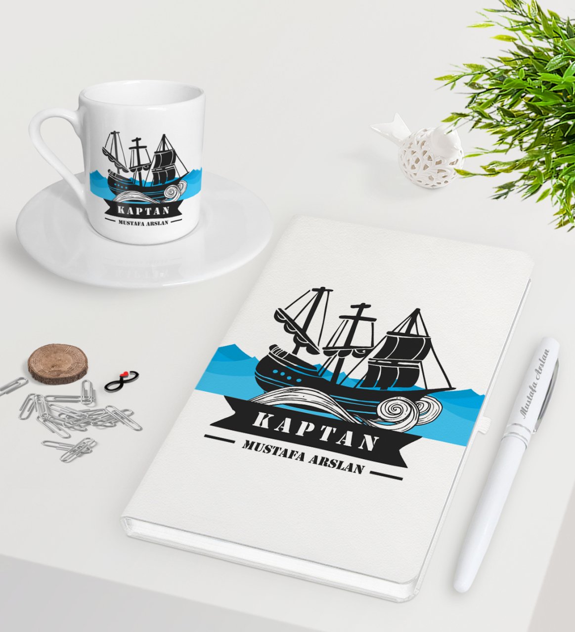 Kişiye Özel Kaptan Beyaz Defter Kalem Türk Kahvesi Fincanı Seti-8