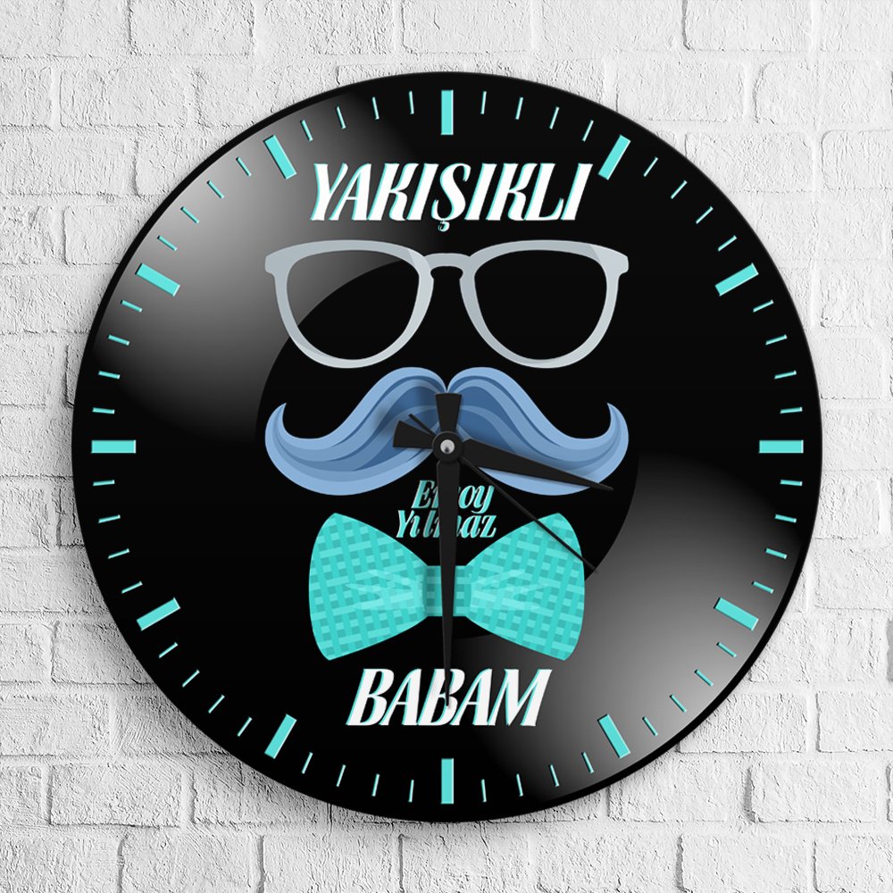 Kişiye Özel Yakışıklı Babam Tasarımlı Ahşap Yuvarlak Duvar Saati - 1