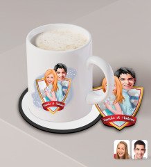 Kişiye Özel Sevgililer Karikatürlü Beyaz Kupa ve Ahşap Bardak Altlığı Hediye Seti-87