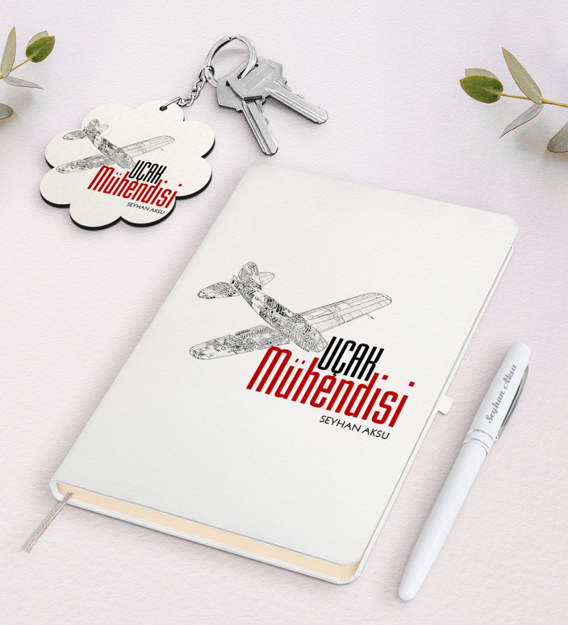 Kişiye Özel Uçak Mühendisi Beyaz Defter Kalem ve Anahtarlık Hediye Seti