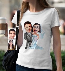 Kişiye Özel Evleniyoruz Karikatür Beyaz Bayan Tişört - 5