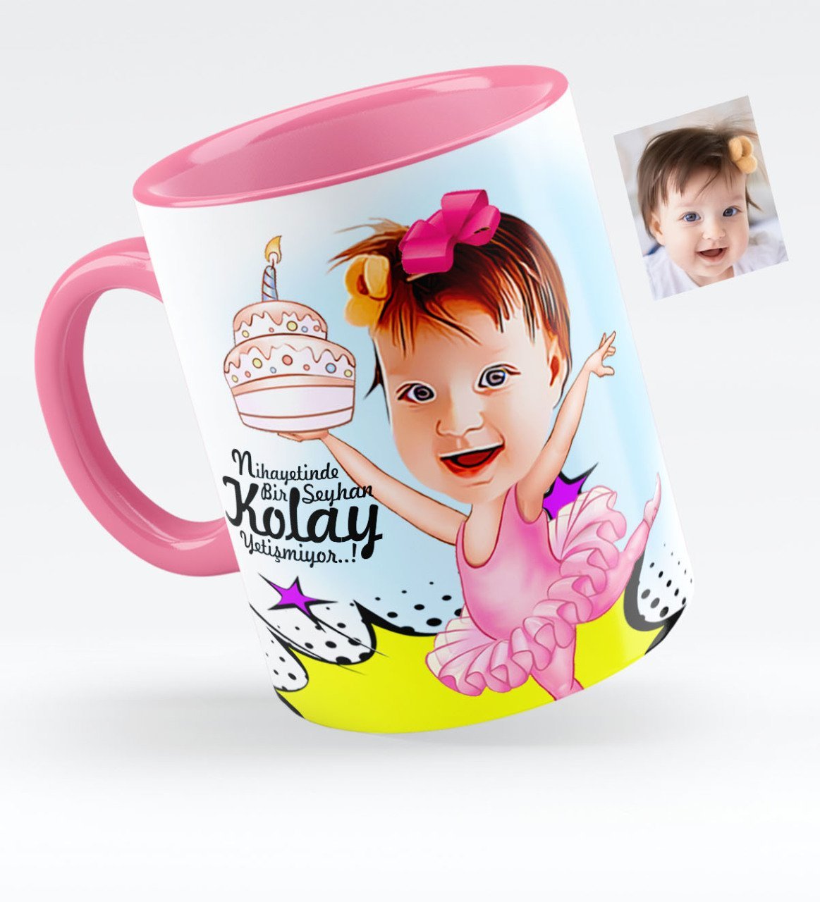 Kişiye Özel Kız Çocuk Doğum Günü Karikatürlü Pembe Kupa Bardak - 1