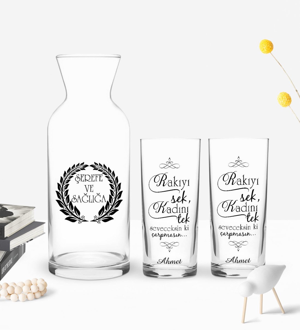 Kişiye Özel Renkli Baskılı Rakıyı Sek Tasarımlı İkili Rakı Bardağı ve Karaf Hediye Seti-1