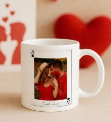 BK Gift Kişiye Özel Aşkımızın Ası Fotoğraflı İskambil Tasarımlı Beyaz Kupa Bardak-4, Sevgiliye Hediye, Eşe Hediye
