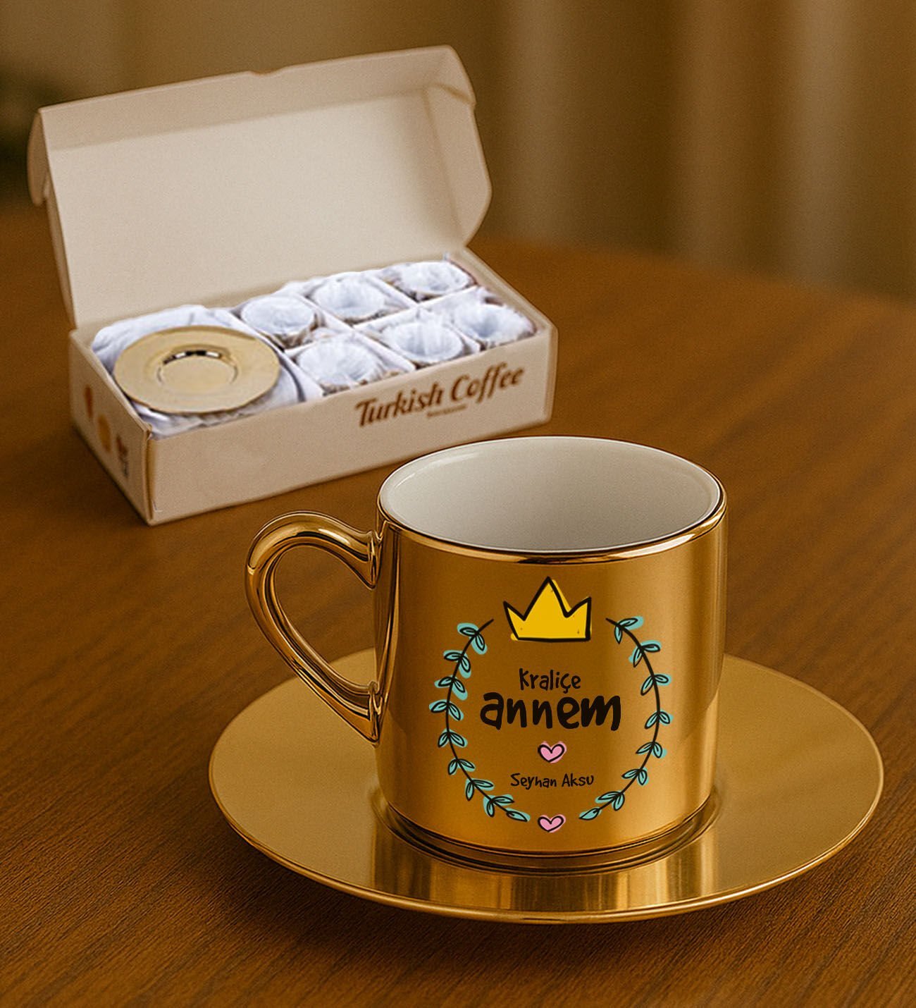 BK Gift Kişiye Özel Anneler Günü Tasarımlı Porselen Metalik Altın Kahve Fincanı 6 'lı Set-1, Anneye Hediye, Anneler Günü Hediyesi