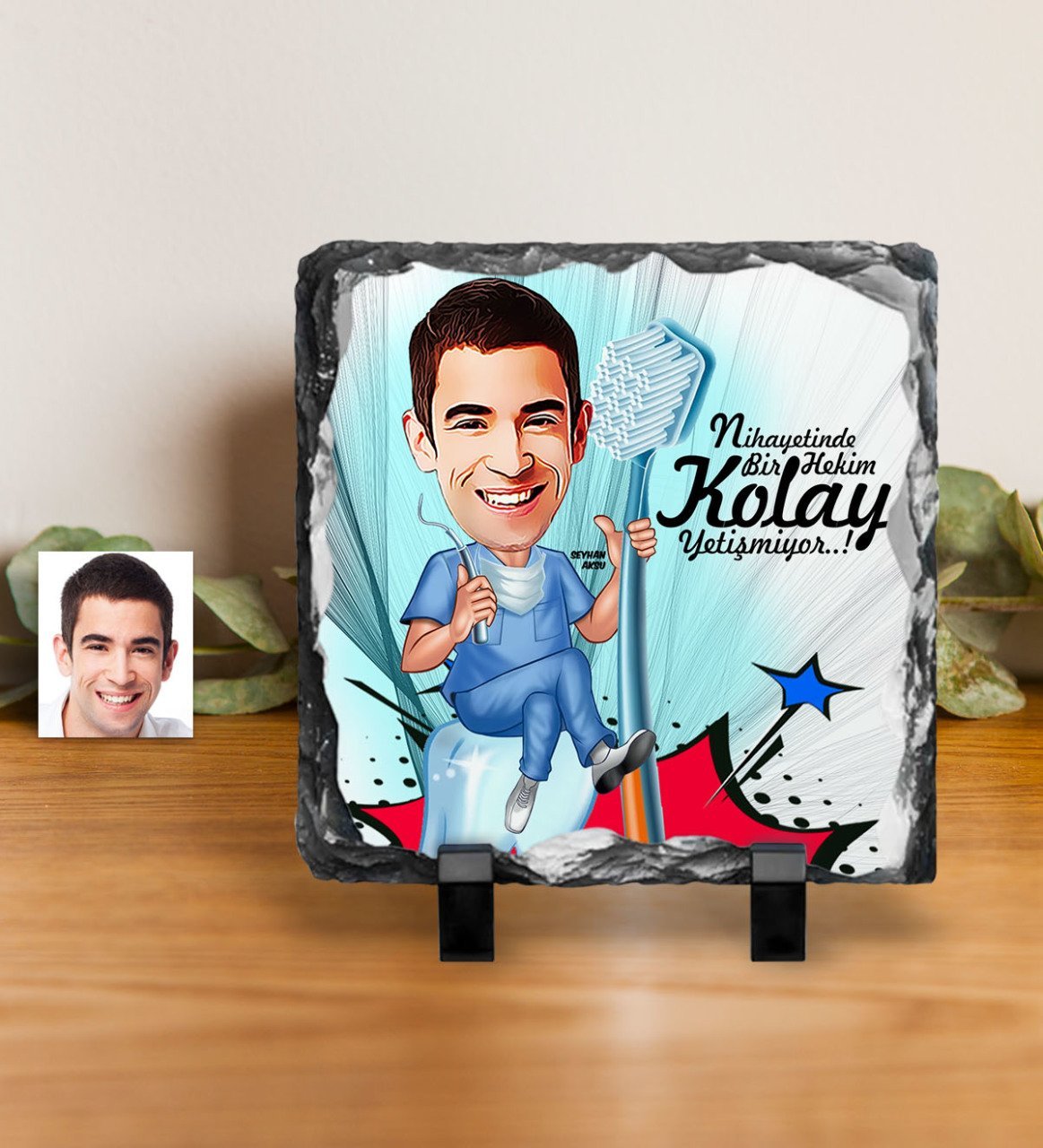 Kişiye Özel Bay Diş Hekimi Karikatürlü Dekoratif Doğal Taş - 2