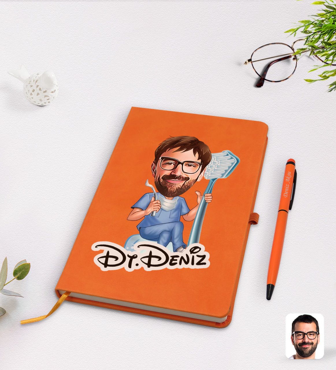 Kişiye Özel Erkek Diş Hekimi Karikatürlü Turuncu Termo Deri Defter Kalem Seti Model 2