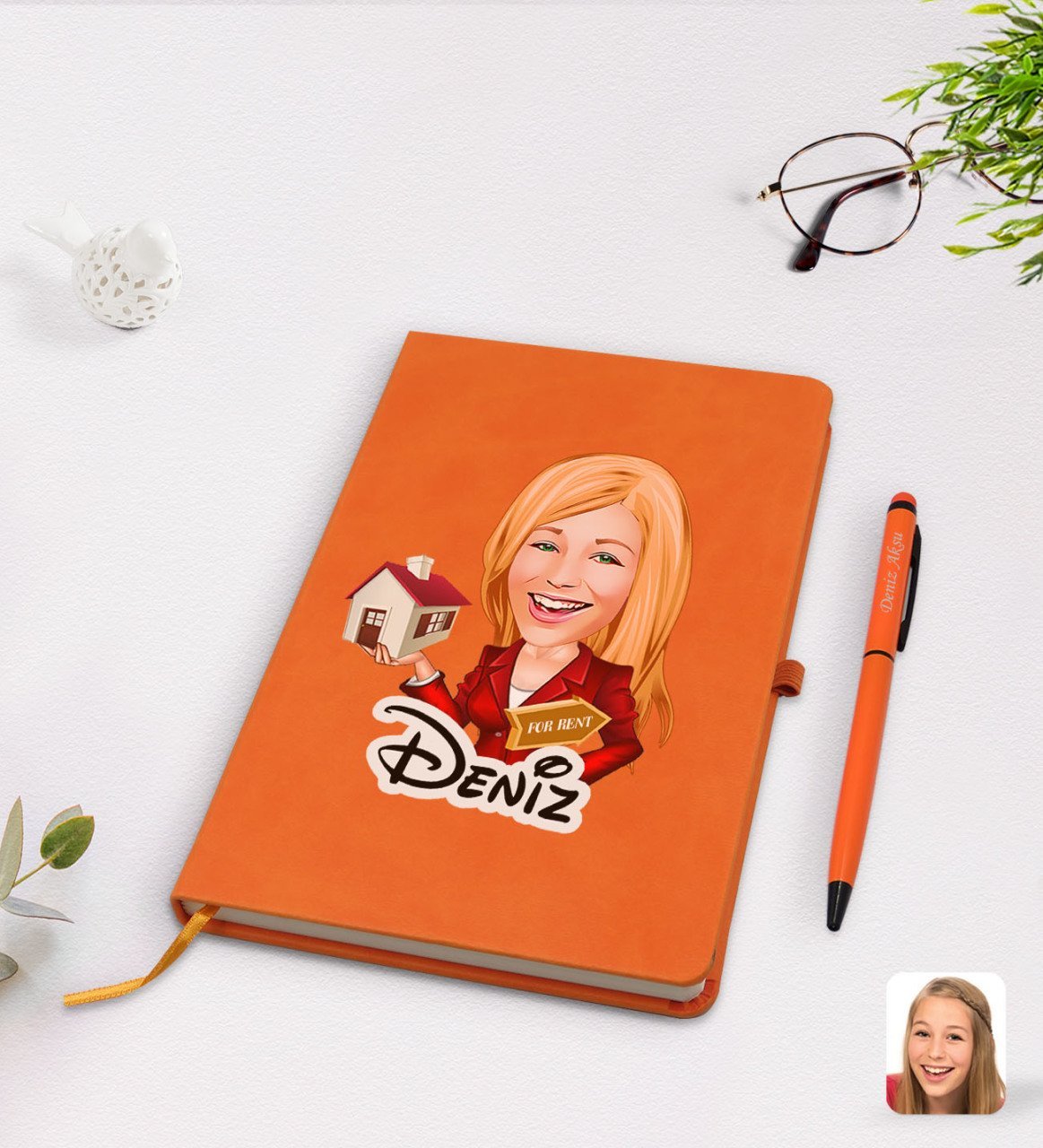 Kişiye Özel Kadın Emlakçı Karikatürlü Turuncu Termo Deri Defter Kalem Seti Model 2